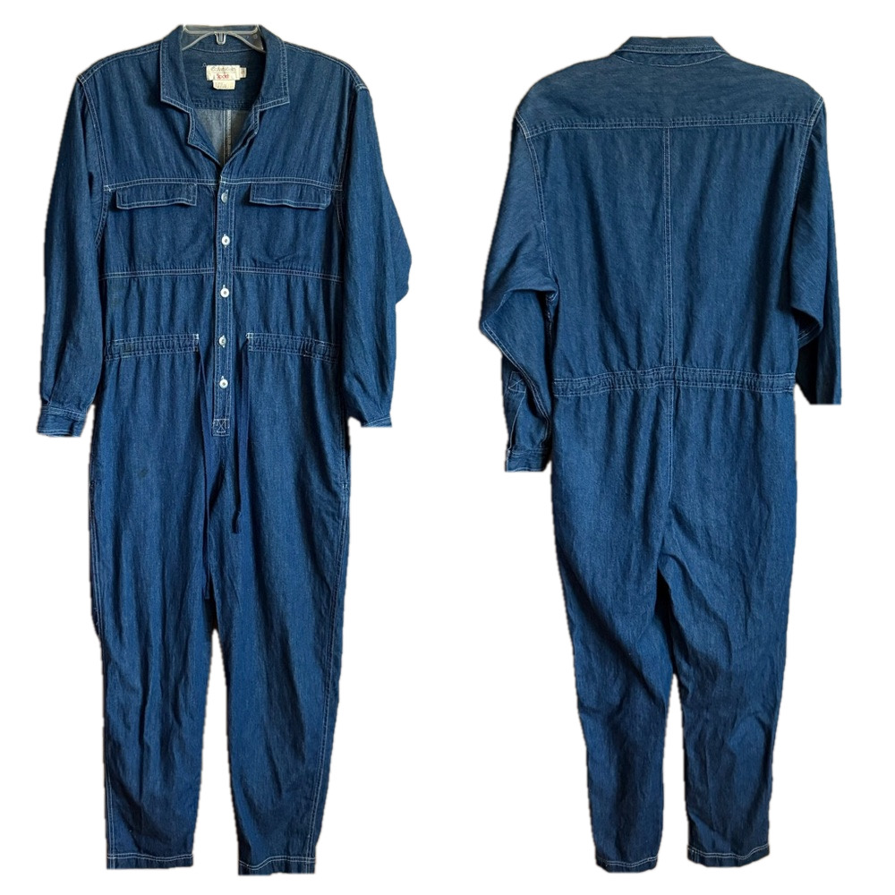 Vintage 80s Calvin Klein Sport Denim Jumpsuit Long Sleeve Drawstring Waist Small